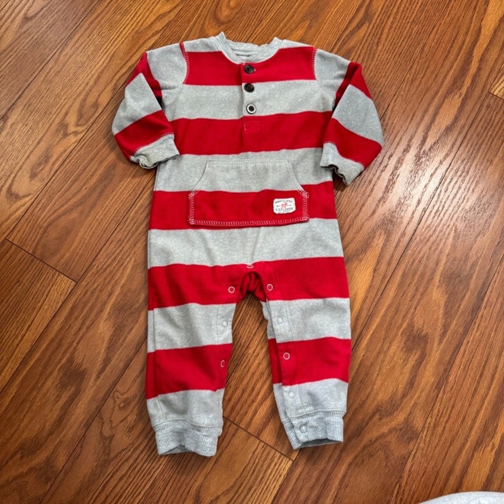 Carters Baby Boy Red Gray Striped Fleece Jumpsuit 12 Months 118G704 Explorer